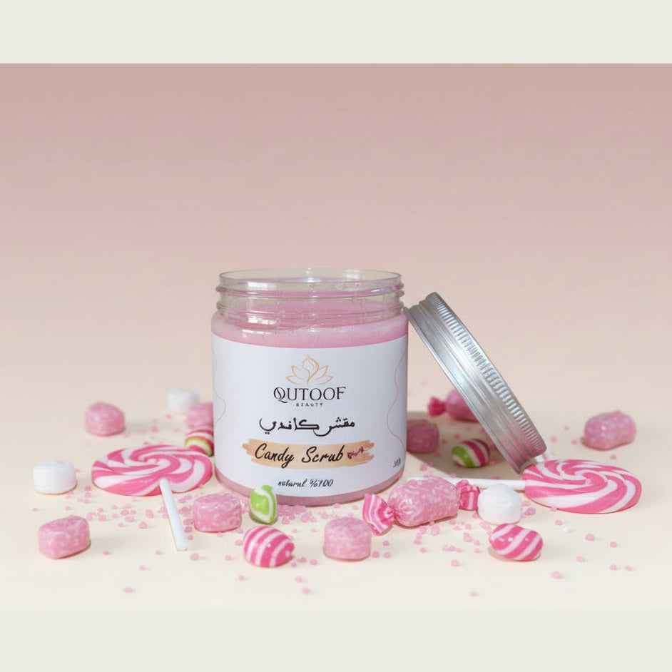 Candy Scrub QUTOOF - Gommage corps gourmand naturel 100% dans pot transparent avec couvercle argenté