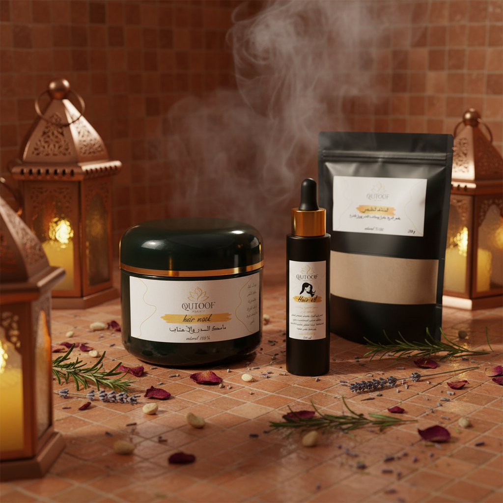 Pack Cheveux complet QUTOOF BEAUTY – Masque au Sidr, Machat Khaliji et Huile Multi-Plantes dans un décor hammam marocain luxe